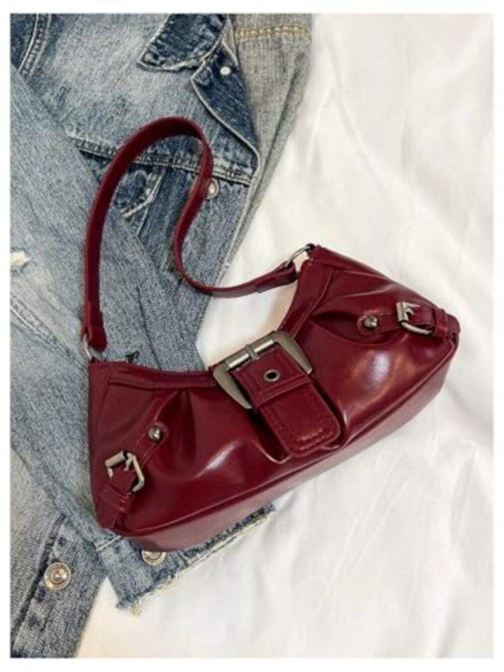 Faux Leather Handbag Top Handle Buckle Underarm Purse Crescent Bag Clutch - Picture 2 of 6
